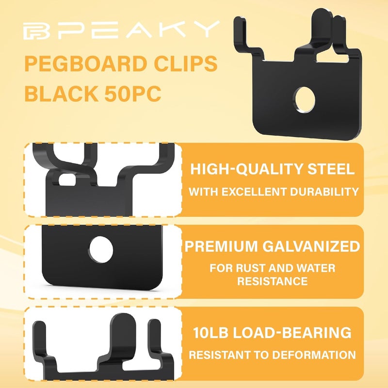 BFPeaky Metal Pegboard Hooks 50 PC- Black Prong Peg Board Hooks for Hanging Jewelry, Pictures & Crafts - Fits 1/4 and 1/8 Peg Board - Pegboard Clips for Workshop, Retail Display & Home Organization - Image 3